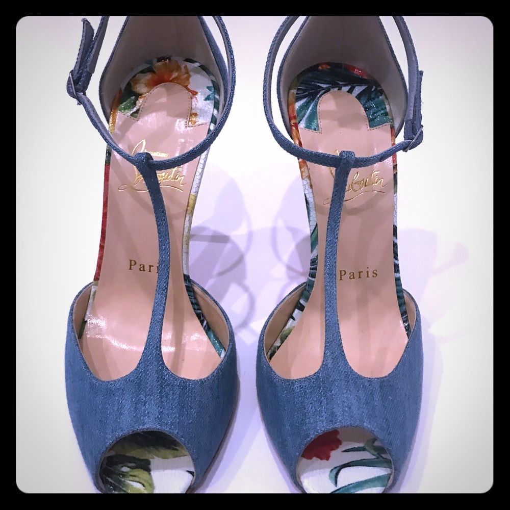 Christian Louboutin Denim Peep Toe T Strap heels